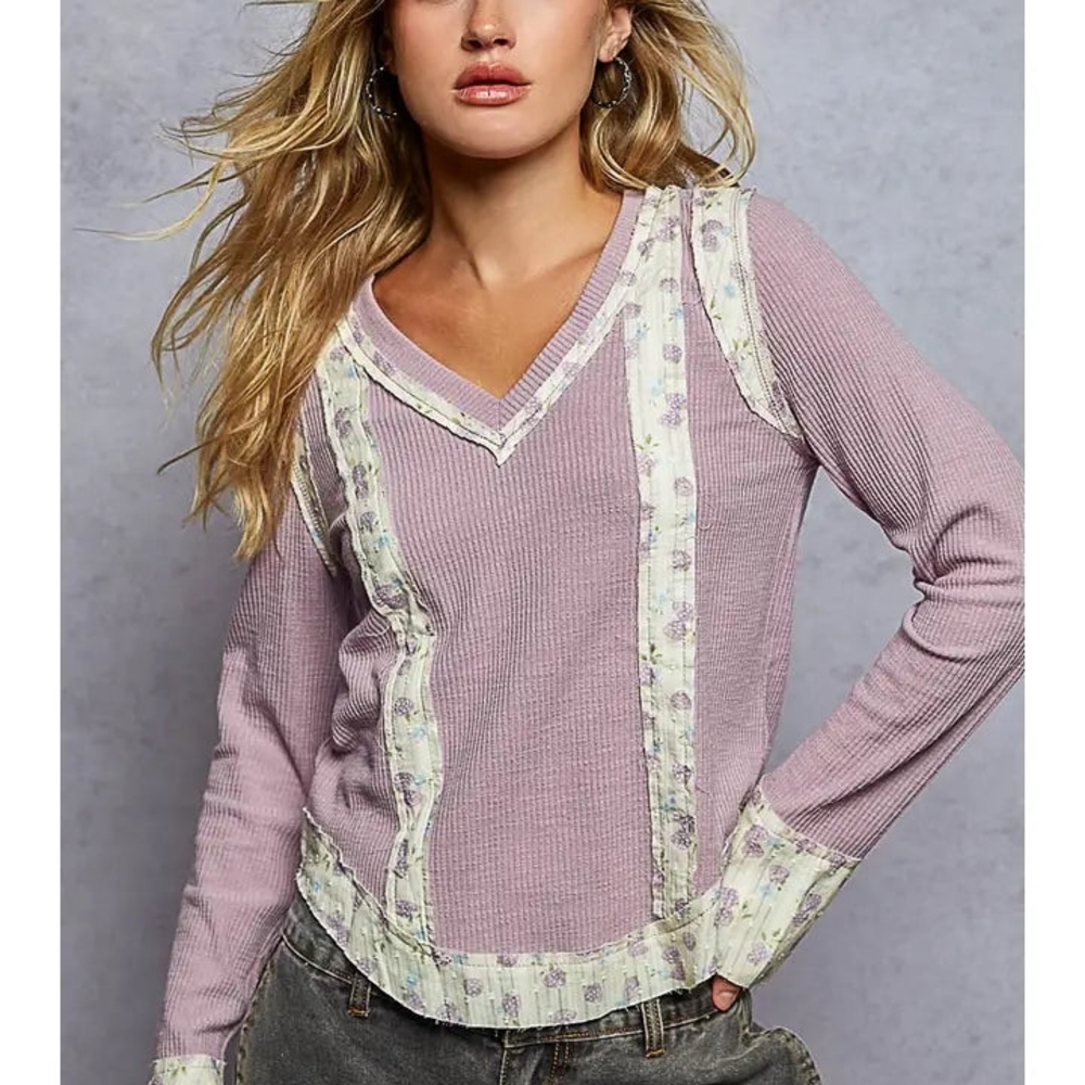 ​POL Floral Patchwork Waffle Knit Long Sleeve Top Lavender Large